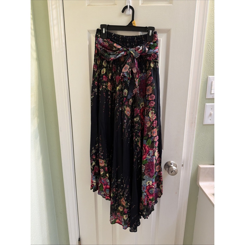 Bangkok Pants Maxi Skirt Sz OS Black Floral Boho Festival Hippie Tie Front
